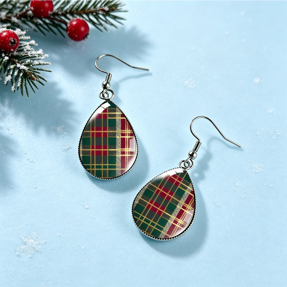 Waterdrop Pendant Stainless Steel Earrings, Vintage Checkered Design